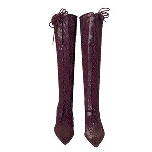 JUSTFAB HEELED BOOTS, KHLOY VICTORIAN LACE COLOR MAROON BANNER SIZE 7.5 NEW